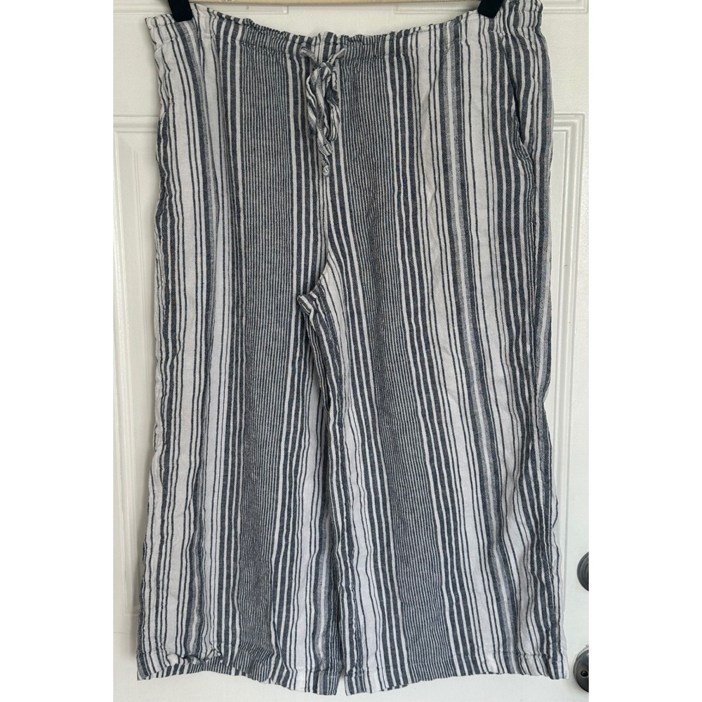 Time and Tru Linen Blend Wide Leg Striped Pants Blue White Large 12-14